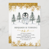 Pinguin Winter Gold Snowflake Geburtstagseinladung Einladung (Vorne/Hinten)