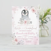 Pinguin Winter Pastell Pink Blume Geburtstag Einladung (Stehend Vorderseite)