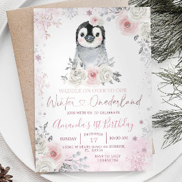 Pinguin Winter Pastell Pink Blume Geburtstag Einladung