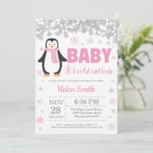 Pinguin Winter Pink Girl Babydusche Schneeflocke Einladung (Stehend Vorderseite)
