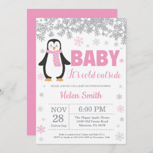 Pinguin-Winter-Rosa-Mädchen-Babyparty-Schneeflocke Einladung