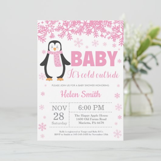 Pinguin-Winter-Rosa-Mädchen-Babyparty-Schneeflocke Einladung (Stehend Vorderseite)