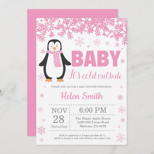 Pinguin-Winter-Rosa-Mädchen-Babyparty-Schneeflocke Einladung (Vorne/Hinten)