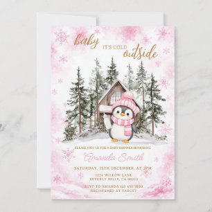 Pinguin Winter Rosa Schneeblume Baby Shower Einladung