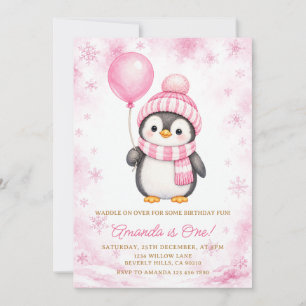 Pinguin Winter Rosa Schneeblume Geburtstag Einladung