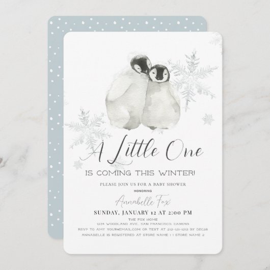 Pinguin Winter Snowflake Blue Boy Baby Dusche Einladung (Vorne/Hinten)