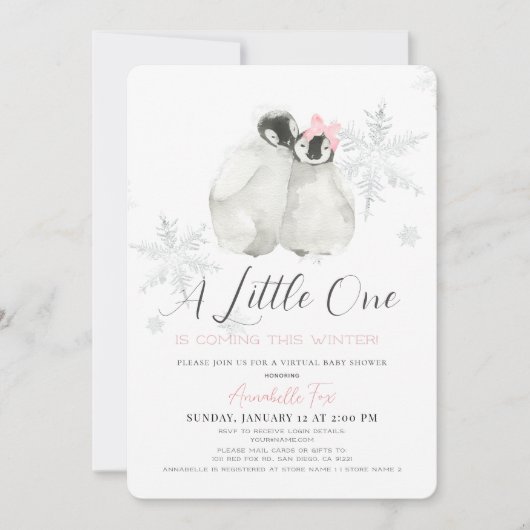 Pinguin Winter Snowflake Pink Virtual Baby Dusche Einladung (Vorderseite)