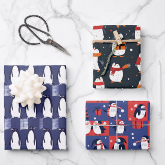 Pinguin-Wintermuster Blau Geschenkpapier Set