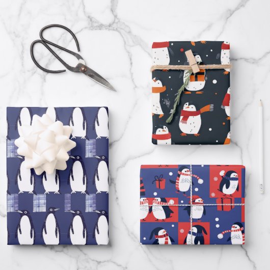 Pinguin-Wintermuster Blau Geschenkpapier Set (Vorderseite)