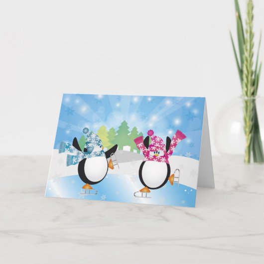 Pinguine Abbildung Skaten-Karte Feiertagskarte (Vorderseite)