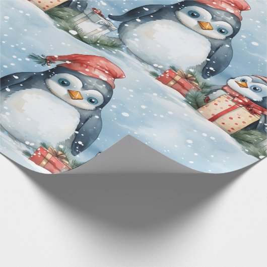Pinguine als Geschenkverpackung im Schnee Geschenkpapier (Ecke)