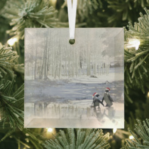 Pinguine beim Eislaufen auf gefrorenem Teich Weihn Ornament Aus Glas