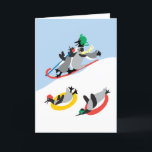 Pinguine Benutzerdefinierte Karte<br><div class="desc">Nur schlicht Spaß! Ein verschneites Bild von Pinguinen,  die Schlitten fahren. Es ist bezaubernd! Das originelle Design von Künstler,  Dag Dart ist so sehr skurril und fröhlich. Die Karte kann individuell angepasst werden. Sie können den Gruß im Inneren zu dem ändern,  was Sie wollen.</div>