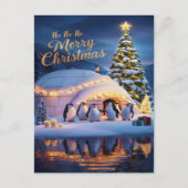 Pinguine feiern in Iglu mit Christbaum Postkarte (Vorderseite)
