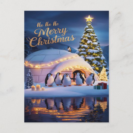 Pinguine feiern in Iglu mit Christbaum Postkarte (Vorderseite)