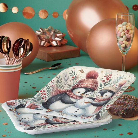 Pinguine Gebäude A Snowman Pappteller (Multi)