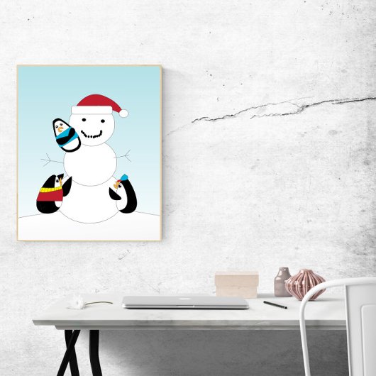 Pinguine Gebäude im Winter ein Schneemann Poster