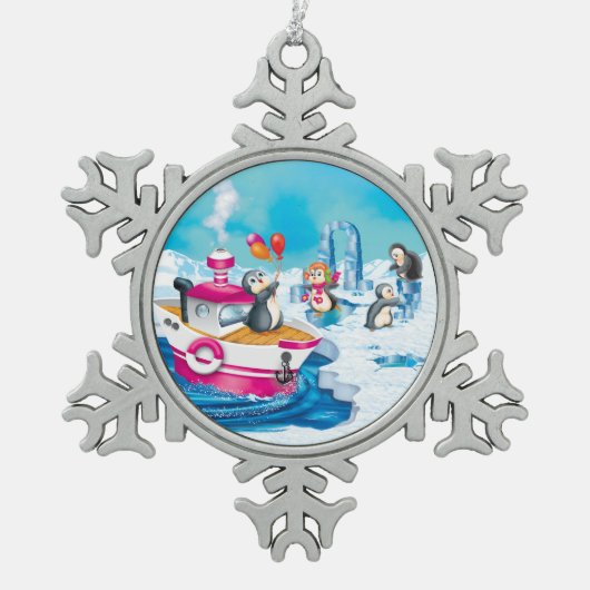 Pinguine in der Antarktis Schneeflocken Zinn-Ornament (Vorderseite)