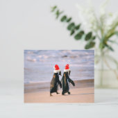 Pinguine in Weihnachtsmannmützen am Strand Feiertagspostkarte (Stehend Vorderseite)