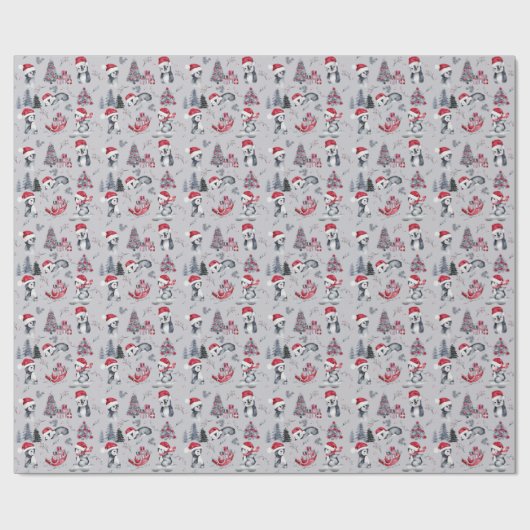 Pinguine in Weihnachtsmannmützen Winter Scene Gray Geschenkpapier (Flach)