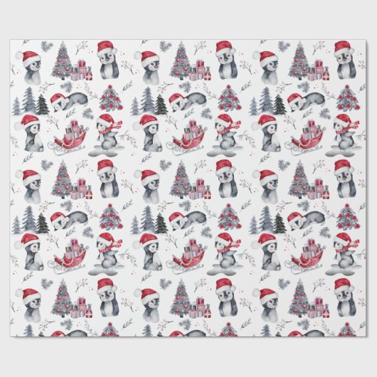 Pinguine in Weihnachtsmannmützen Winter Scene Patt Geschenkpapier (Flach)