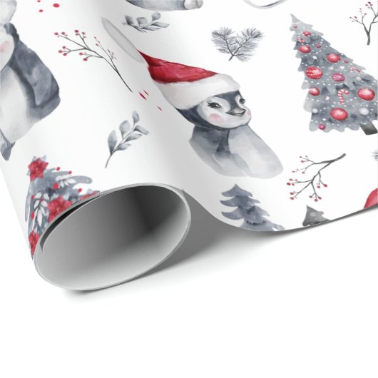 Pinguine in Weihnachtsmannmützen Winter Scene Patt Geschenkpapier (Rolleneckpunkt)