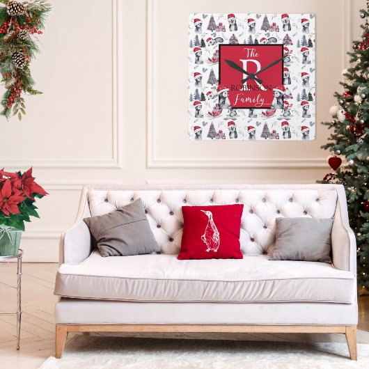 Pinguine in Weihnachtsmannmützen Winter Scene Patt Quadratische Wanduhr