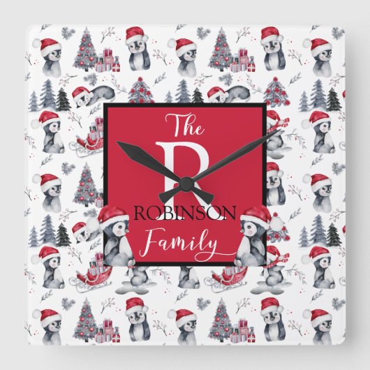 Pinguine in Weihnachtsmannmützen Winter Scene Patt Quadratische Wanduhr (Vorderseite)