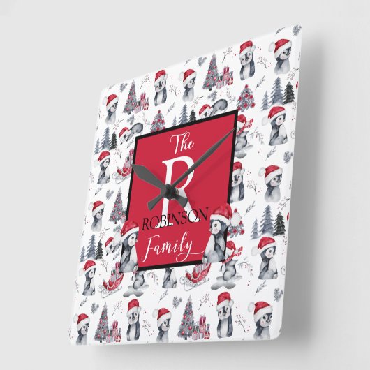 Pinguine in Weihnachtsmannmützen Winter Scene Patt Quadratische Wanduhr (Winkel)