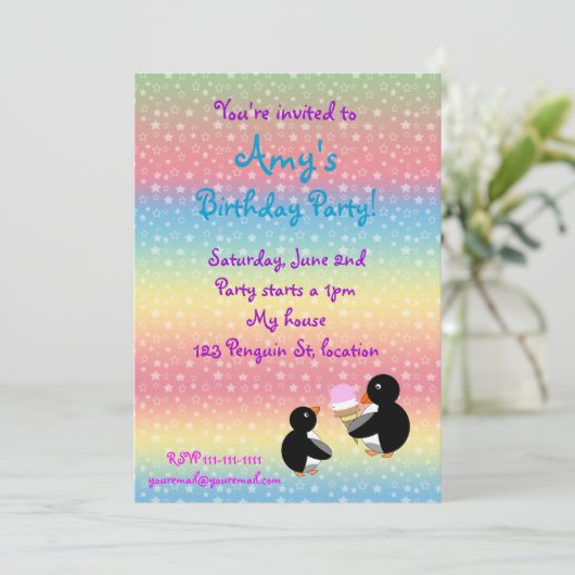 Pinguine mit Eis auf Regenbogenstern Einladung (Stehend Vorderseite)