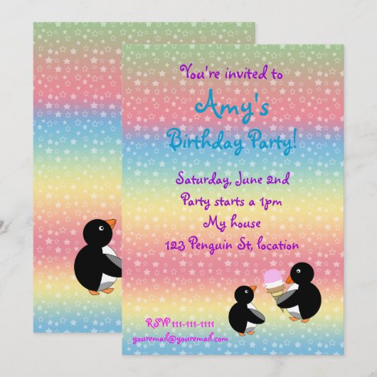 Pinguine mit Eis auf Regenbogenstern Einladung (Vorne/Hinten)