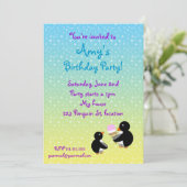 Pinguine mit Eis creamon blauen Gelbsternen Einladung (Stehend Vorderseite)