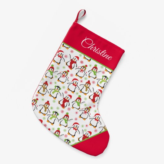 Pinguine Rot und Grün Muster Kleiner Weihnachtsstrumpf (Vorderansicht (hängend))