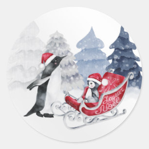 Pinguine rote Schlitten Aquarell Weihnachten Runder Aufkleber