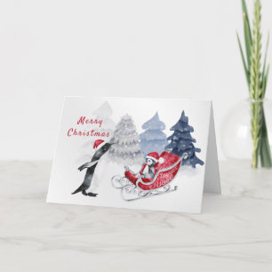 Pinguine rote Schlitten Wasserfarbe Weihnachten