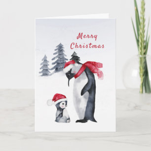 Pinguine roter Schal Weihnachtsmannmütze Wasserfar Feiertagskarte