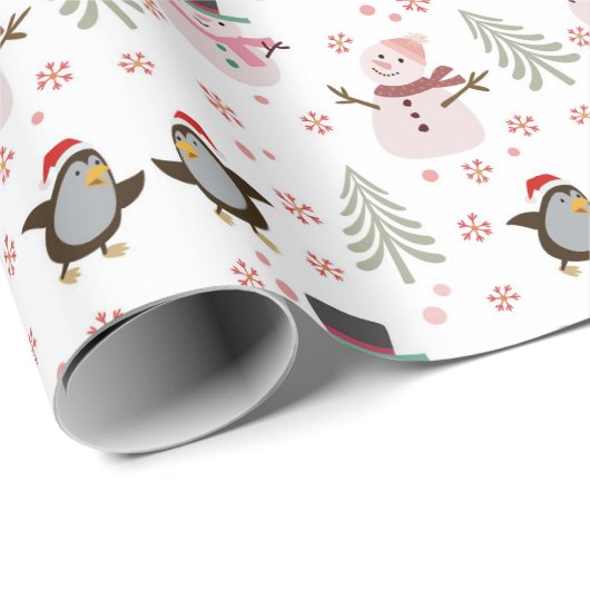 Pinguine, Schneemänner und Weihnachtsbaumen Geschenkpapier (Rolleneckpunkt)