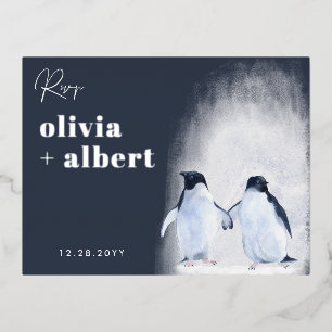 Pinguine Silber Winter Elegant Moderne Hochzeit RS Folie Einladungspostkarte