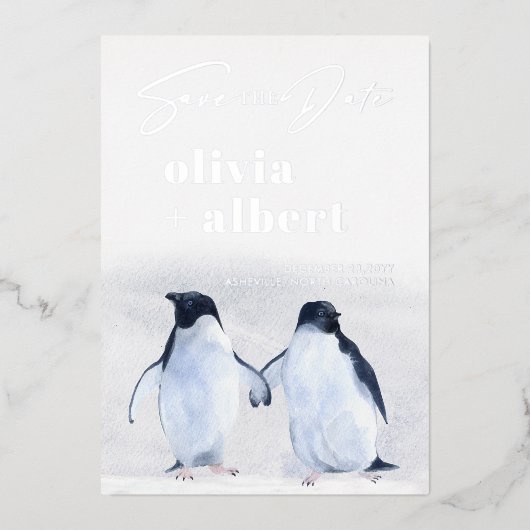 Pinguine Silver Winter Elegant Save the Date Folieneinladung (Vorderseite)