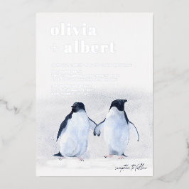 Pinguine Silver Winter Elegante Moderne Hochzeit Folieneinladung