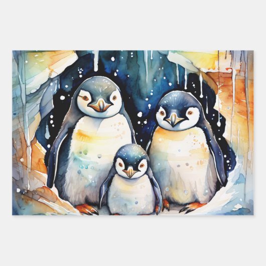 Pinguine tanzen im Wasserfarbenschneesturm Geschenkpapier Set (Vorderseite 2)