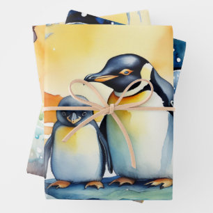 Pinguine tanzen im Wasserfarbenschneesturm Geschenkpapier Set