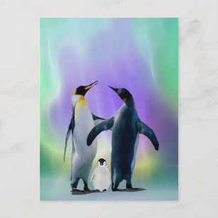 Pinguine und Babys in Aurora borealis Postkarte