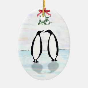Pinguine und Mistelzweig-Feiertags-Verzierung Keramik Ornament