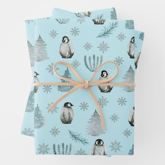 Pinguine und Schneeflocken Blauer Weihnachten Geschenkpapier Set (Beispiel)
