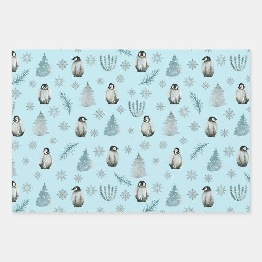 Pinguine und Schneeflocken Blauer Weihnachten Geschenkpapier Set (Vorderseite)