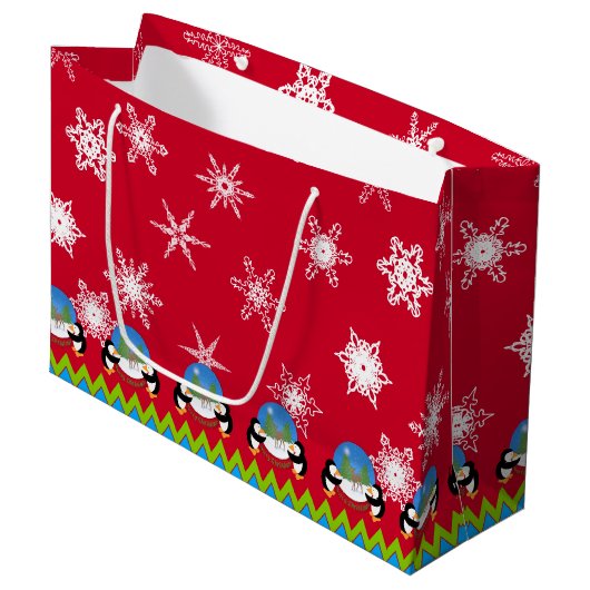 Pinguine und Snowglobs, Weihnachtsgeschenktasche Große Geschenktüte (Vorderseite Schrägansicht)