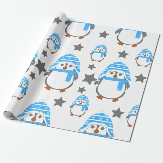 Pinguine und Sterne Spaß blau Geschenkpapier (Ungerollt)