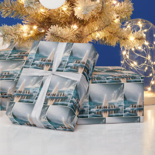 Pinguine versammeln sich um einen weißen Weihnacht Geschenkpapier