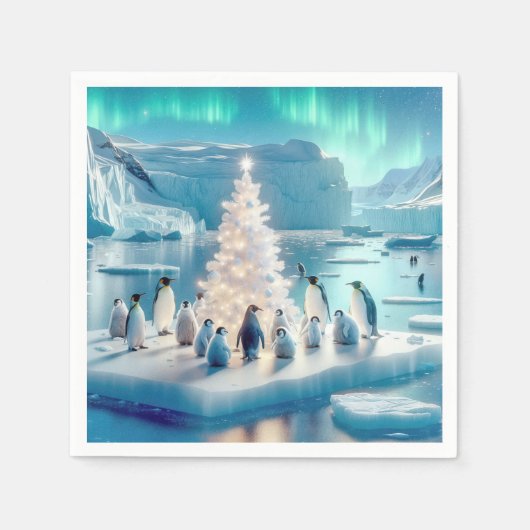 Pinguine versammelten sich um einen Weihnachtsbaum Serviette (Vorderseite)
